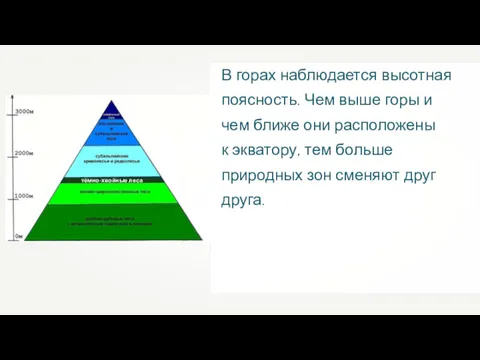 В горах наблюдается высотная поясность. Чем выше горы и чем