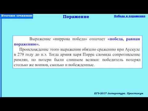 ЕГЭ-2017 Литература. Практикум Победа и поражение Поражение Выражение «пиррова победа»