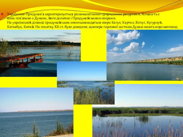 Українське Придунав'я характеризується різноманітними природними ресурсами, більшість з яких пов'язано з Дунаєм, його