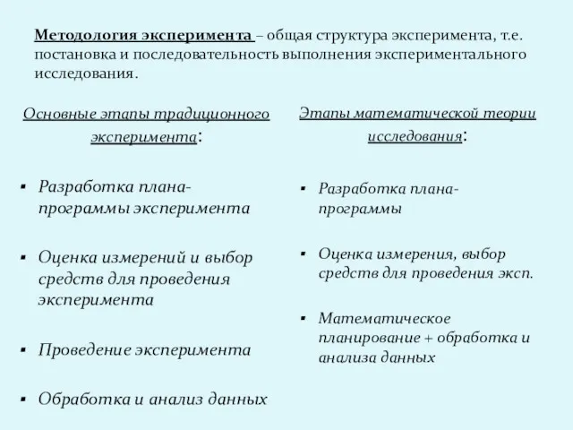 Методология эксперимента – общая структура эксперимента, т.е. постановка и последовательность