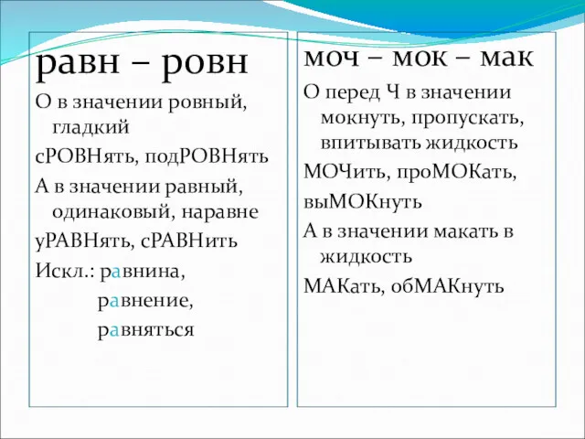 равн – ровн О в значении ровный, гладкий сРОВНять, подРОВНять