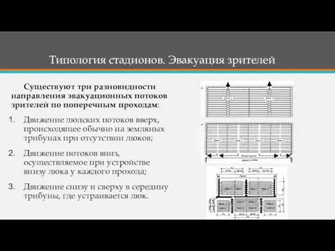 Существуют три разновидности направления эвакуационных потоков зрителей по поперечным проходам: