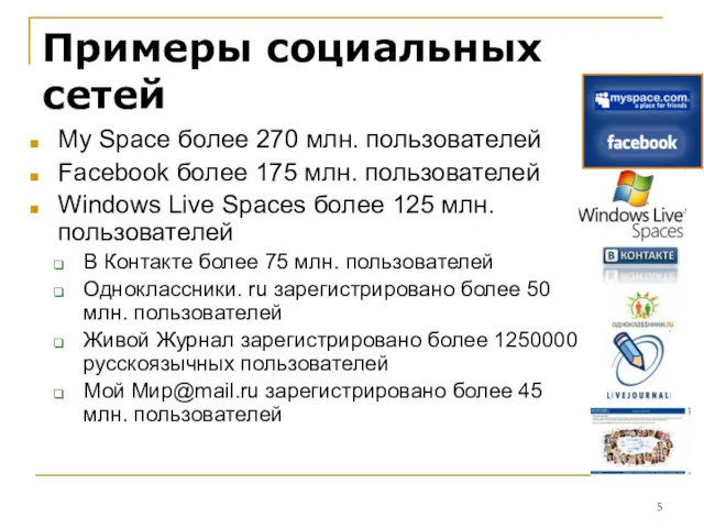 Примеры социальных сетей My Space более 270 млн. пользователей Facebook