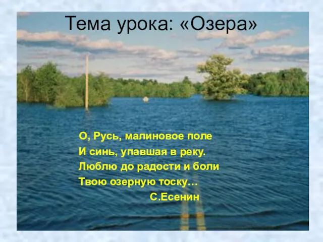 Тема урока: «Озера» О, Русь, малиновое поле И синь, упавшая