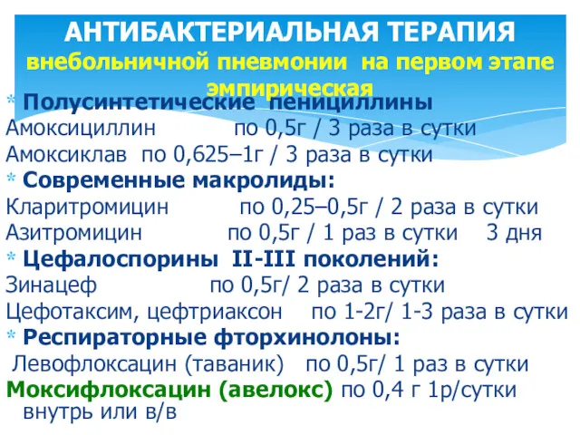 Полусинтетические пенициллины Амоксициллин по 0,5г / 3 раза в сутки