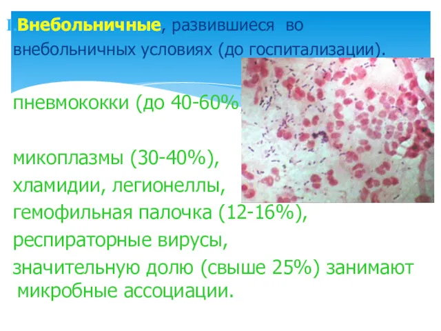 Внебольничные, развившиеся во внебольничных условиях (до госпитализации). пневмококки (до 40-60%),