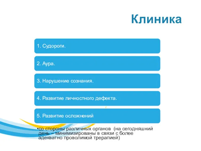 Клиника 1. Судороги. 2. Аура. 3. Нарушение сознания. 4. Развитие