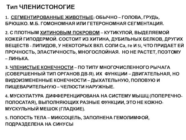 Тип ЧЛЕНИСТОНОГИЕ 1. СЕГМЕНТИРОВАННЫЕ ЖИВОТНЫЕ: ОБЫЧНО – ГОЛОВА, ГРУДЬ, БРЮШКО.