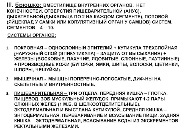 III. брюшко: ВМЕСТИЛИЩЕ ВНУТРЕННИХ ОРГАНОВ. НЕТ КОНЕЧНОСТЕЙ. ОТВЕРСТИЯ ПИЩЕВАРИТЕЛЬНОЙ (АНУС),