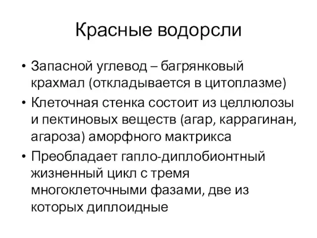 Красные водорсли Запасной углевод – багрянковый крахмал (откладывается в цитоплазме)