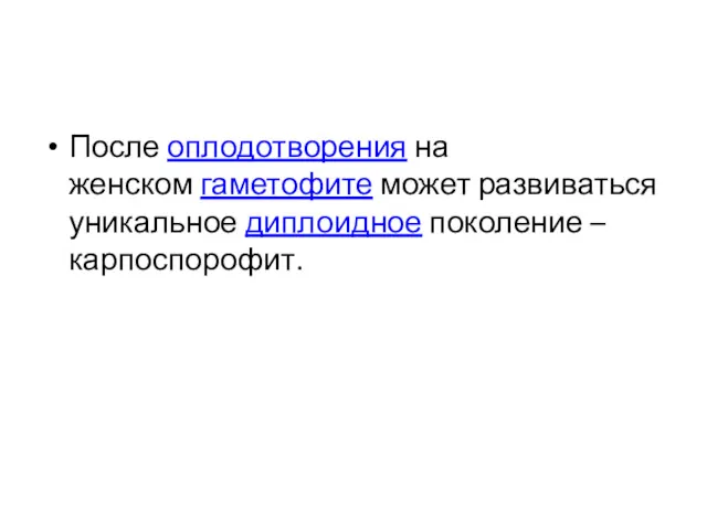 После оплодотворения на женском гаметофите может развиваться уникальное диплоидное поколение – карпоспорофит.