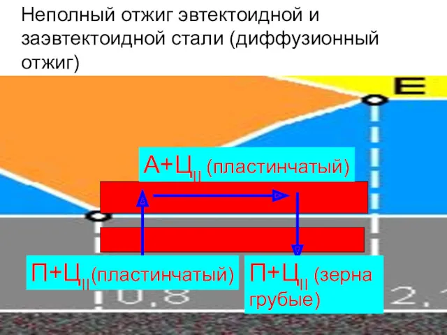 Неполный отжиг эвтектоидной и заэвтектоидной стали (диффузионный отжиг) П+ЦII(пластинчатый) П+ЦII (зерна грубые) А+ЦII (пластинчатый)