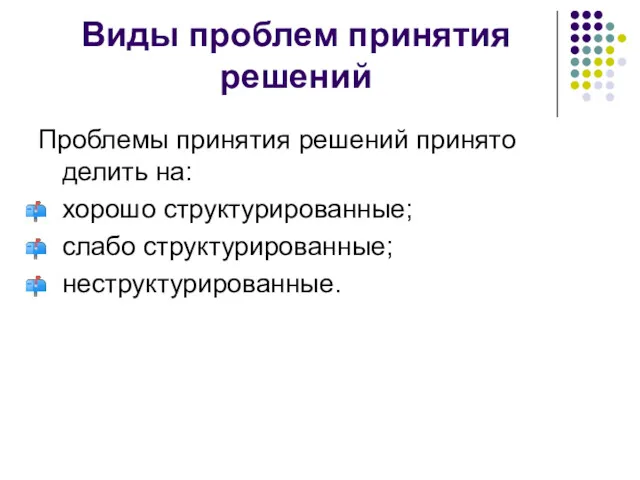 Виды проблем принятия решений Проблемы принятия решений принято делить на: хорошо структурированные; слабо структурированные; неструктурированные.