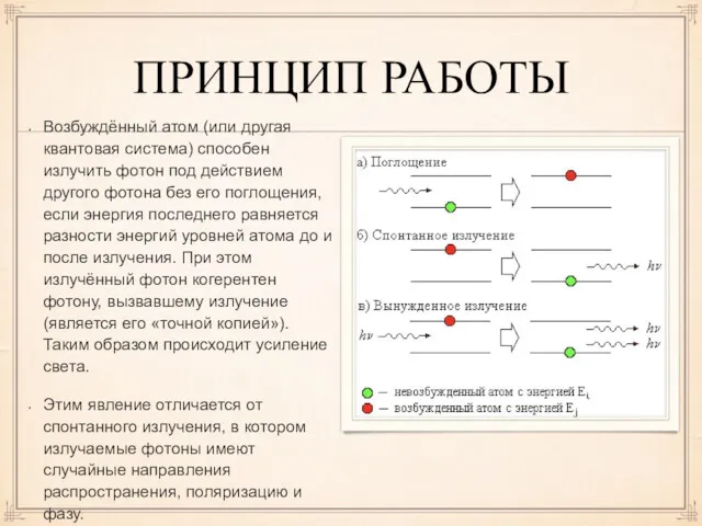 ПРИНЦИП РАБОТЫ Возбуждённый атом (или другая квантовая система) способен излучить