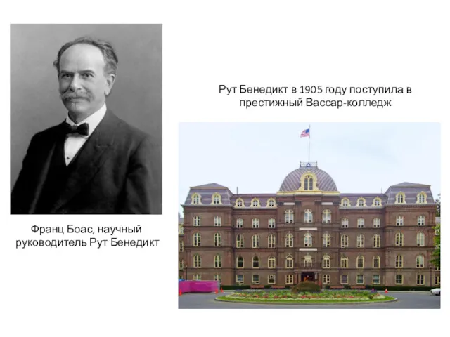 Рут Бенедикт в 1905 году поступила в престижный Вассар-колледж Франц Боас, научный руководитель Рут Бенедикт