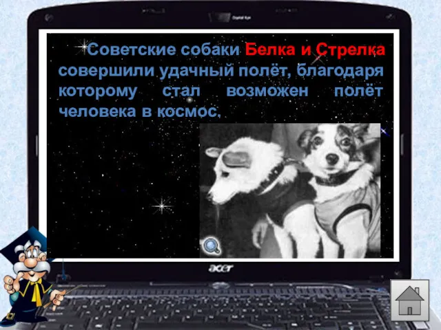 Советские собаки Белка и Стрелка совершили удачный полёт, благодаря которому стал возможен полёт человека в космос.