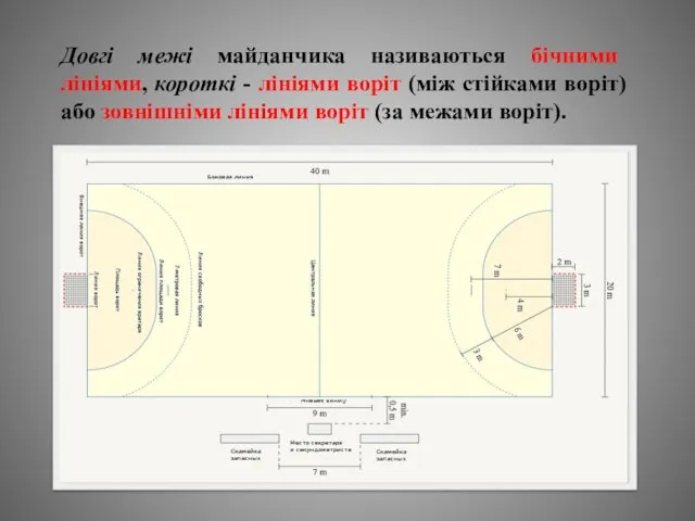 Довгі межі майданчика називаються бічними лініями, короткі - лініями воріт (між стійками воріт)