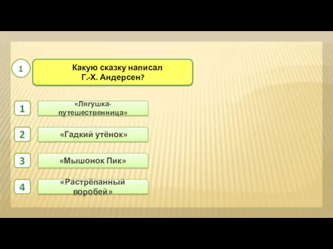 «Гадкий утёнок» «Мышонок Пик» «Лягушка-путешественница» 1 2 3 4 «Растрёпанный