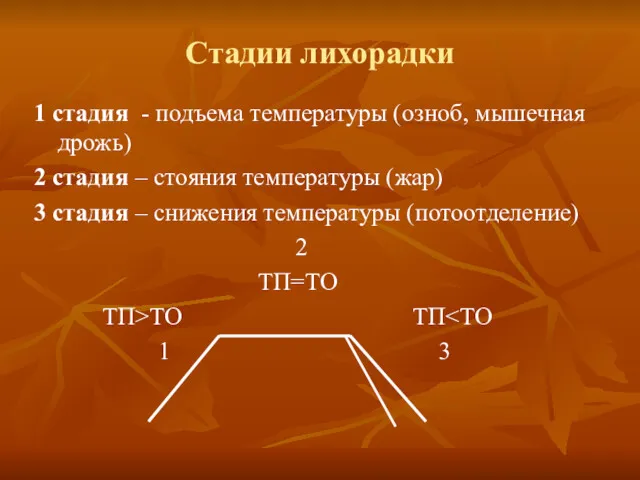 Стадии лихорадки 1 стадия - подъема температуры (озноб, мышечная дрожь)