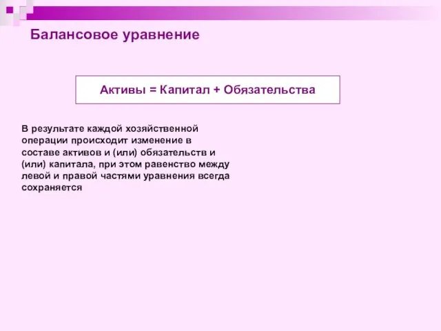 Балансовое уравнение Активы = Капитал + Обязательства В результате каждой