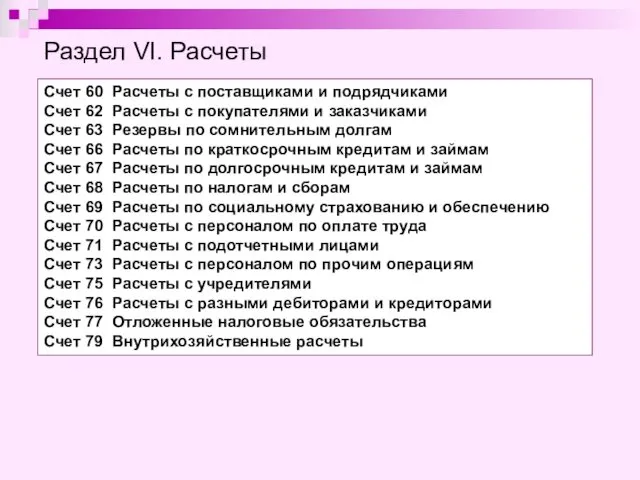 Раздел VI. Расчеты Счет 60 Расчеты с поставщиками и подрядчиками