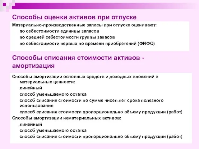 Способы оценки активов при отпуске Материально-производственные запасы при отпуске оценивают: