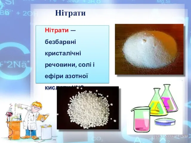 Нітрати Нітрати — безбарвні кристалічні речовини, солі і ефіри азотної кислоти HNO3