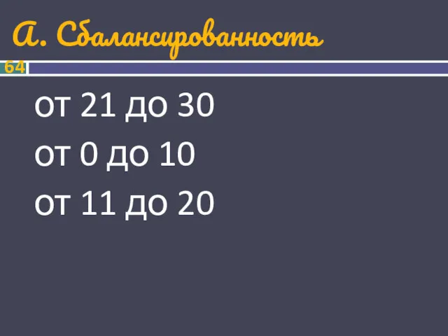 А. Сбалансированность от 21 до 30 от 0 до 10 от 11 до 20