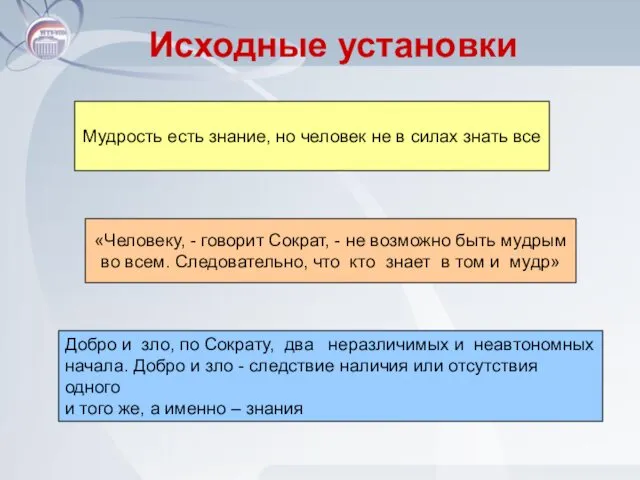 Исходные установки Мудрость есть знание, но человек не в силах