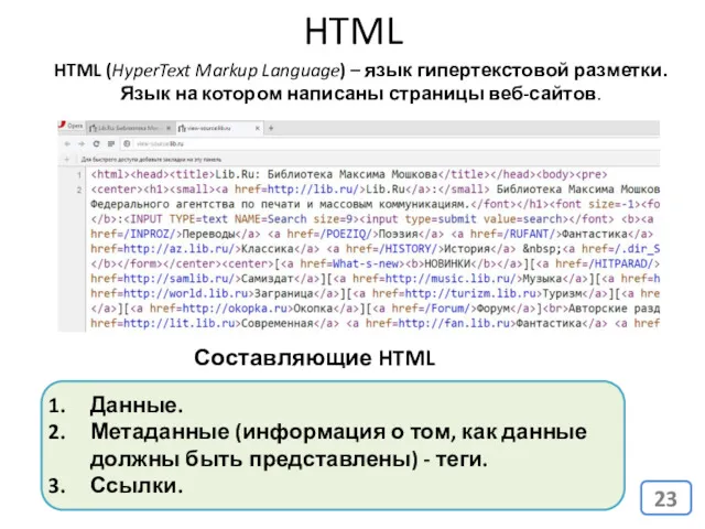 HTML Составляющие HTML страницы: Данные. Метаданные (информация о том, как