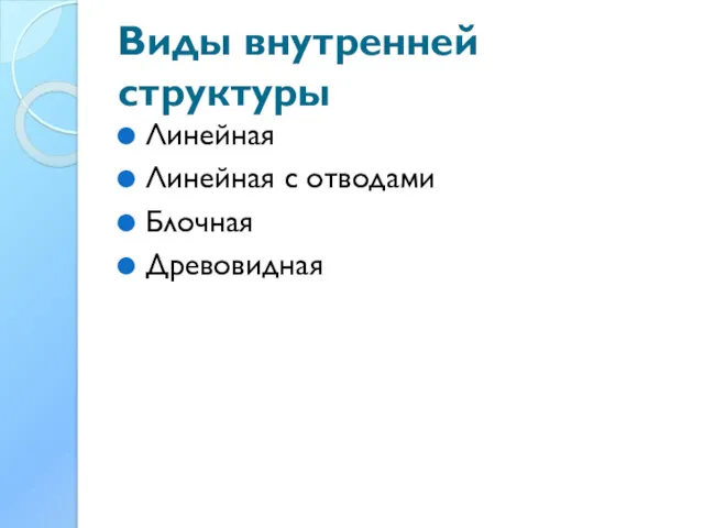 Виды внутренней структуры Линейная Линейная с отводами Блочная Древовидная