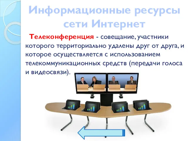 Информационные ресурсы сети Интернет Телеконференция - совещание, участники которого территориально
