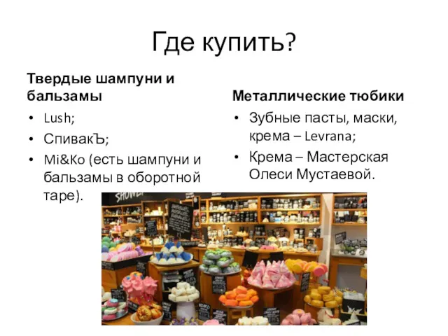 Где купить? Твердые шампуни и бальзамы Lush; СпивакЪ; Mi&Ko (есть