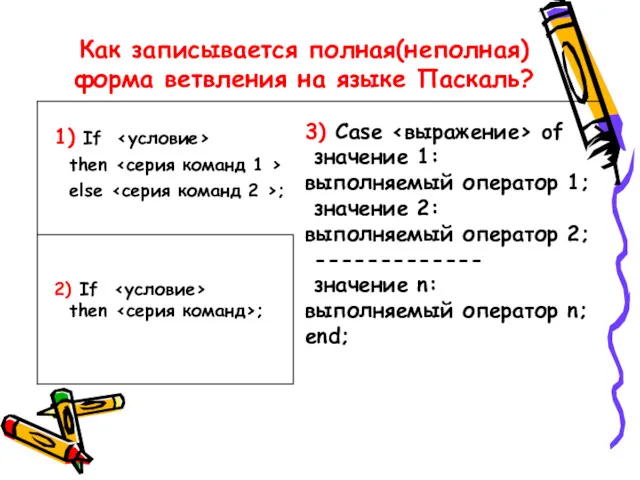 Как записывается полная(неполная) форма ветвления на языке Паскаль? 1) If