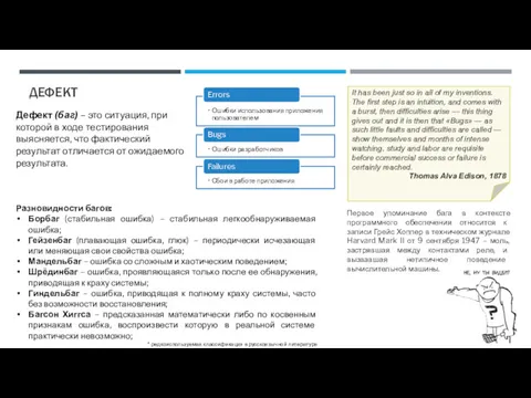 ДЕФЕКТ Дефект (баг) – это ситуация, при которой в ходе