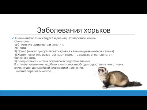 Заболевания хорьков Язвенная болезнь желудка и двенадцатиперстной кишки Симптомы: 1)