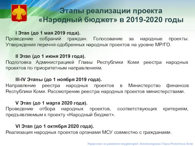 Управление по развитию территорий Администрации Главы Республики Коми Этапы реализации