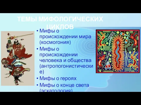 ТЕМЫ МИФОЛОГИЧЕСКИХ ЦИКЛОВ Мифы о происхождении мира (космогония) Мифы о