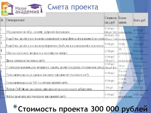 Смета проекта Стоимость проекта 300 000 рублей