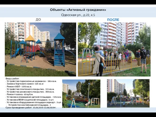 ДО ПОСЛЕ Объекты «Активный гражданин» Одесская ул., д.22, к.5 Виды работ: - Устройство