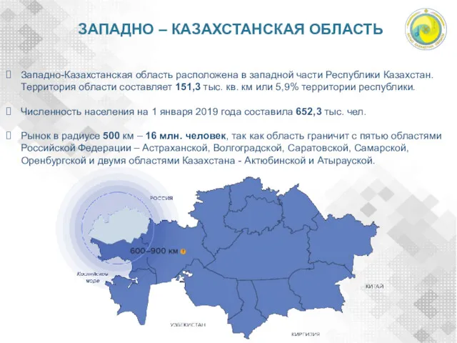 ЗАПАДНО – КАЗАХСТАНСКАЯ ОБЛАСТЬ Западно-Казахстанская область расположена в западной части