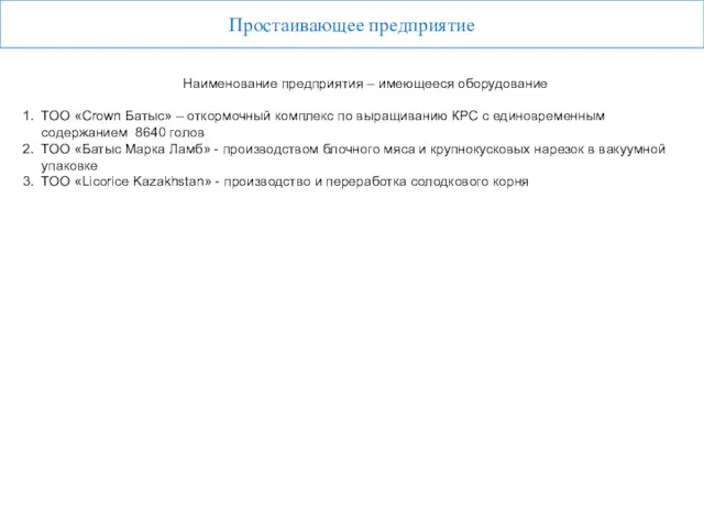 Простаивающее предприятие Наименование предприятия – имеющееся оборудование 1. ТОО «Crown