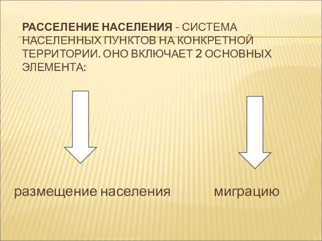 РАССЕЛЕНИЕ НАСЕЛЕНИЯ - СИСТЕМА НАСЕЛЕННЫХ ПУНКТОВ НА КОНКРЕТНОЙ ТЕРРИТОРИИ. ОНО