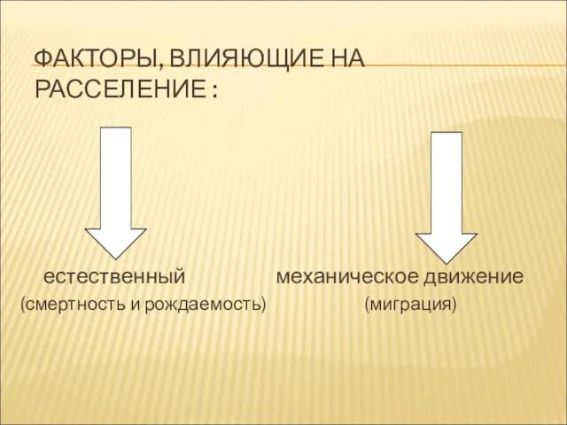 ФАКТОРЫ, ВЛИЯЮЩИЕ НА РАССЕЛЕНИЕ : естественный механическое движение (смертность и рождаемость) (миграция)