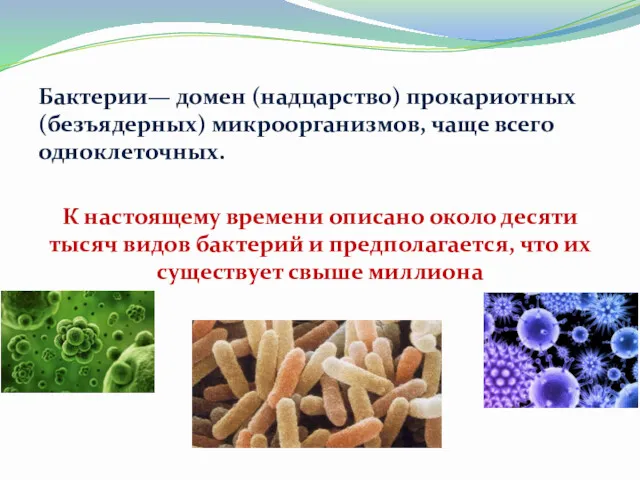 Бактерии— домен (надцарство) прокариотных (безъядерных) микроорганизмов, чаще всего одноклеточных. К