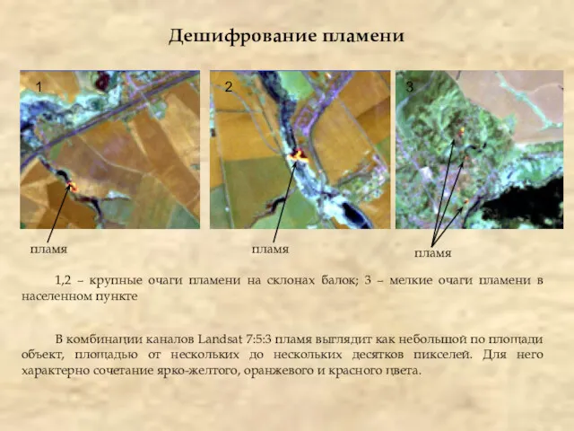 Дешифрование пламени В комбинации каналов Landsat 7:5:3 пламя выглядит как