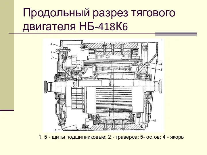 Продольный разрез тягового двигателя НБ-418К6 1, 5 - щиты подшипниковые;