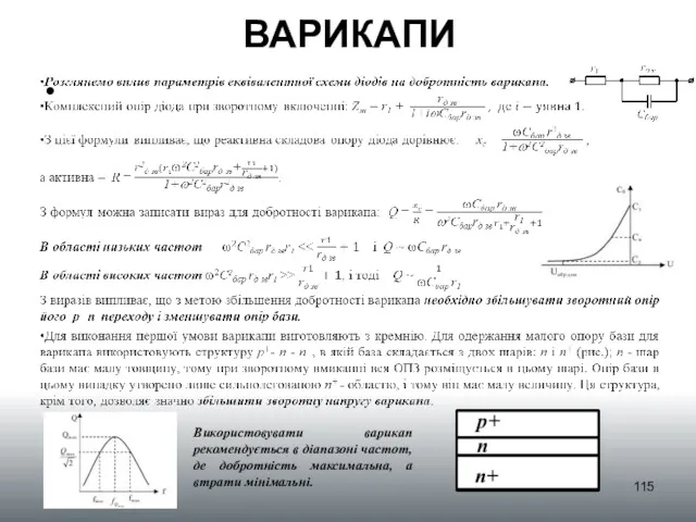 ВАРИКАПИ Використовувати варикап рекомендується в діапазоні частот, де добротність максимальна, а втрати мінімальні.