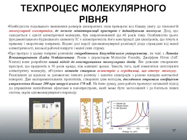 ТЕХПРОЦЕС МОЛЕКУЛЯРНОГО РІВНЯ Необхідність подальшого зменшення розмірів електронних схем привертає все більшу увагу