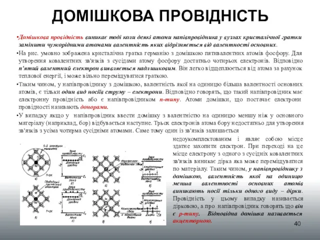 ДОМІШКОВА ПРОВІДНІСТЬ Домішкова провідність виникає тоді коли деякі атоми напівпровідника у вузлах кристалічної